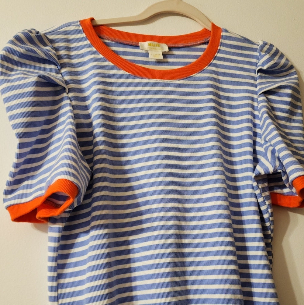 Anthropologie Maeve Blue & White Striped Top with Orange Trim